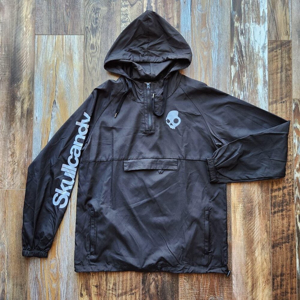 Skullcandy Men's Windbreaker Hooded Pull-Over Jacket Lightweight Pocket Black